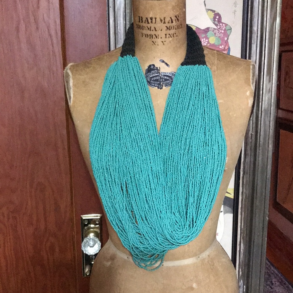 Multi-Strand Aqua Heavy Beaded Necklace with Crochet Back